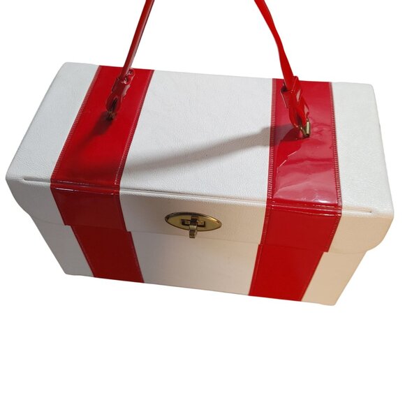 MCM Vinyl Handbag Vintage 1950s White Red Turn Lock Closure Handle Storage Case - Picture 3 of 16